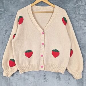 Womens Cardigan Small Oversized Cottagecore Strawberries Cozy‎ Kawaii Sweater
